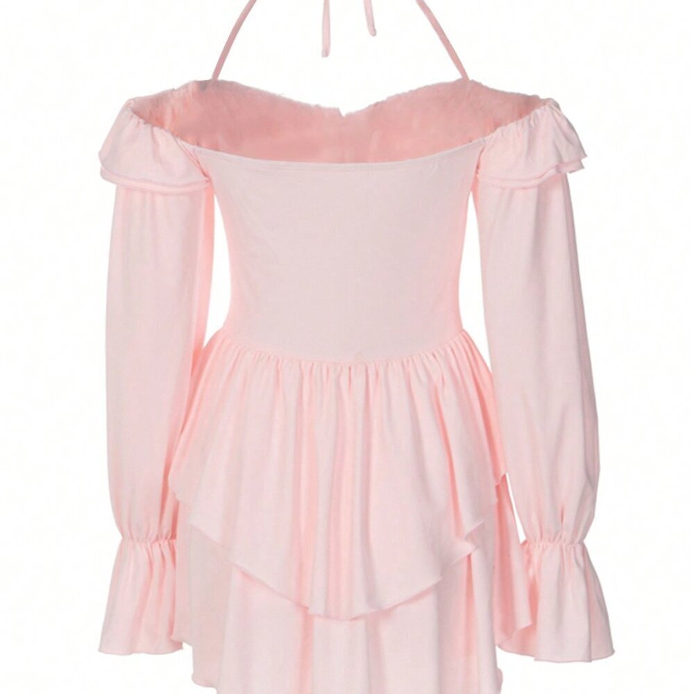 Pink Sexy Women's Ruffled Bodycon Halter Top Jumpsuit - Picture 2 of 3